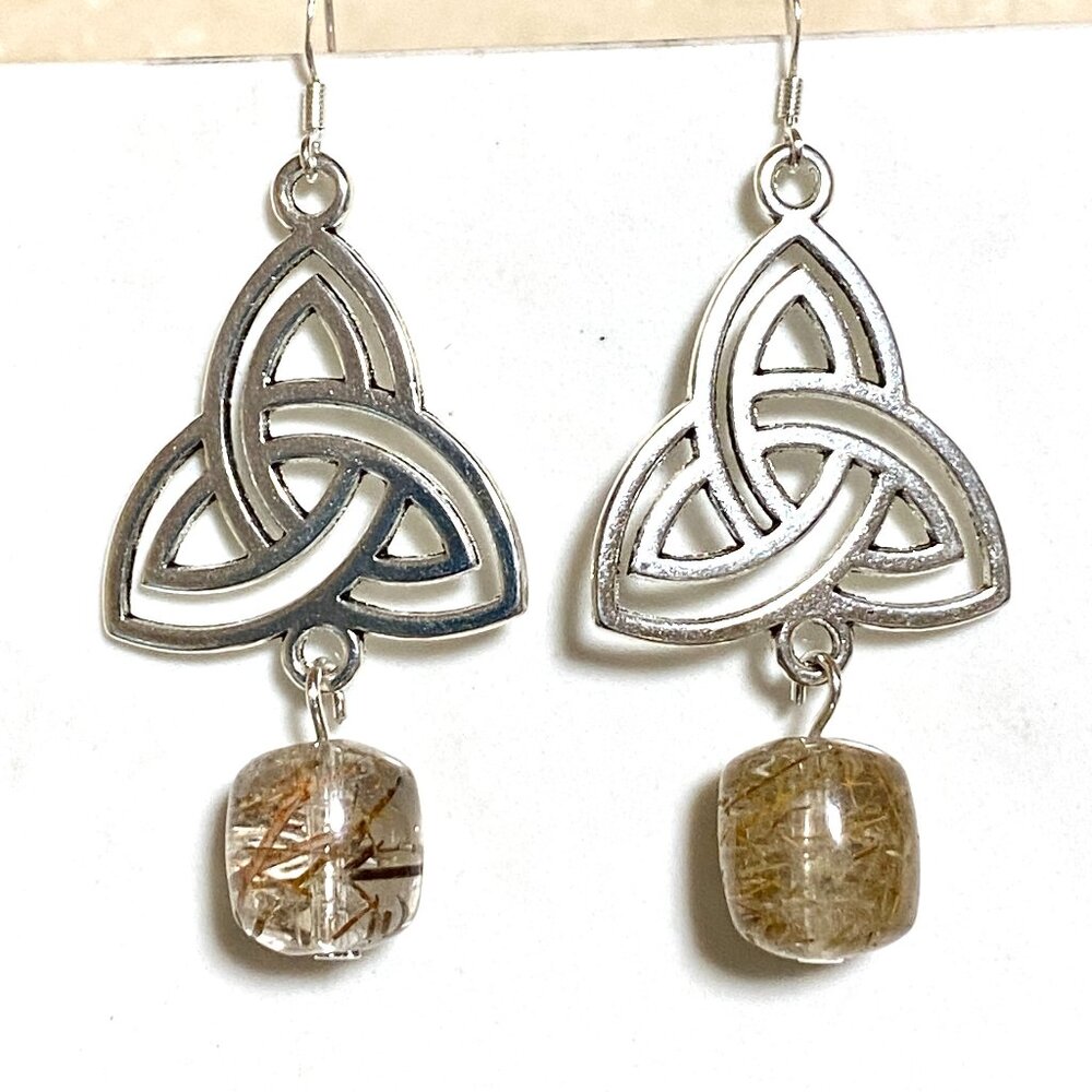 2/$20, Genuine Golden Rutilated Quartz Triqueta Sterling Silver Dangle Earrings